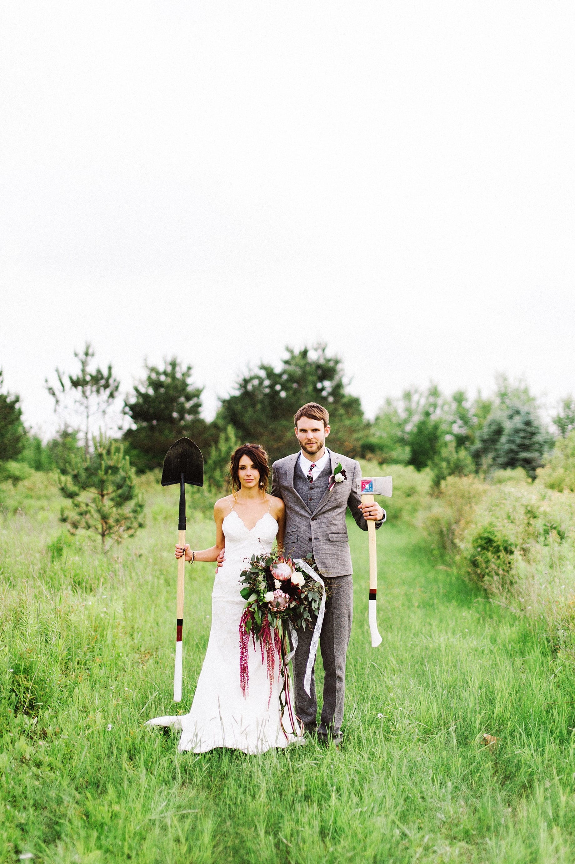 american gothic style bride and groom portrait