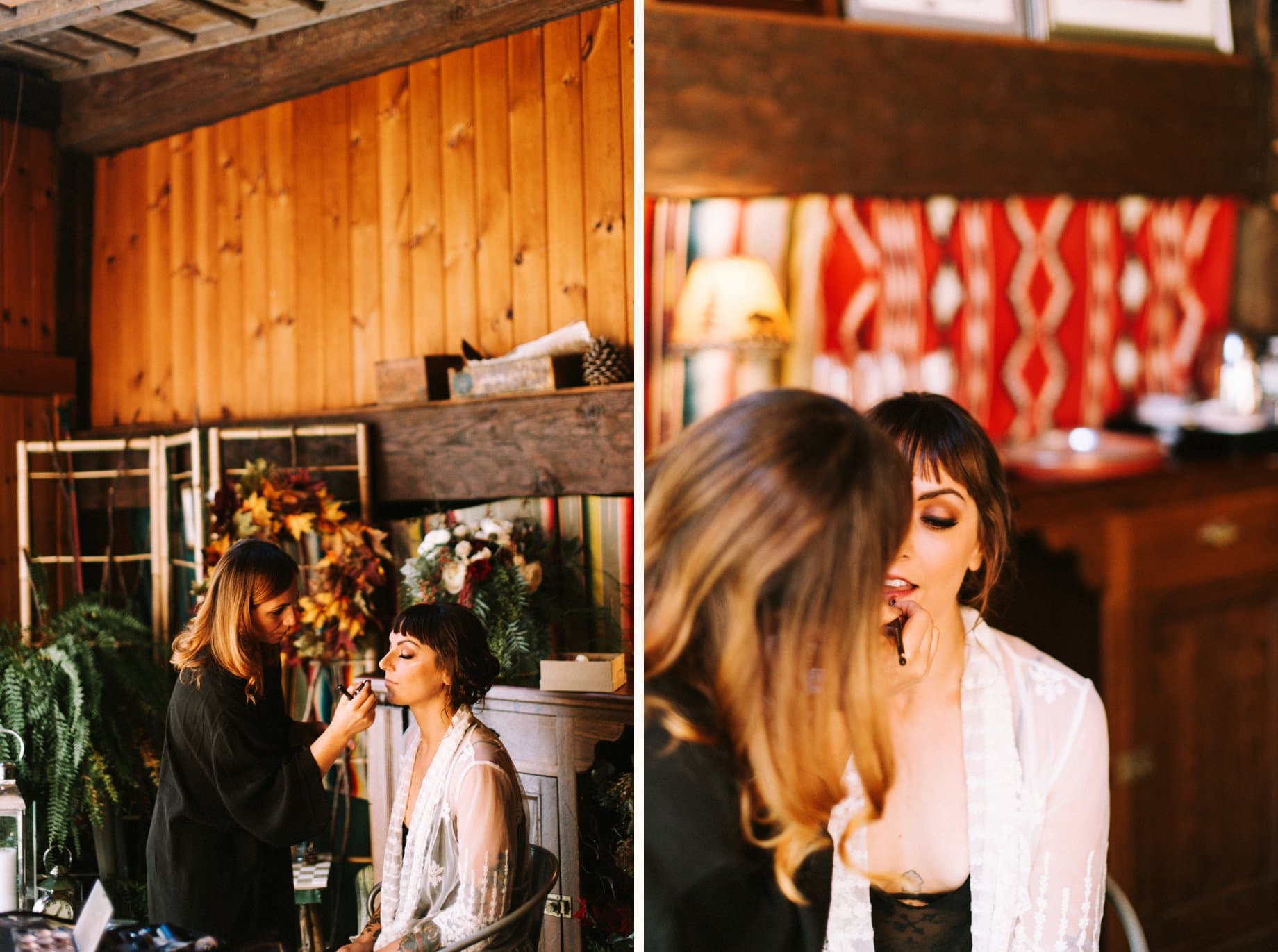 bride getting makeup done in rustic venue