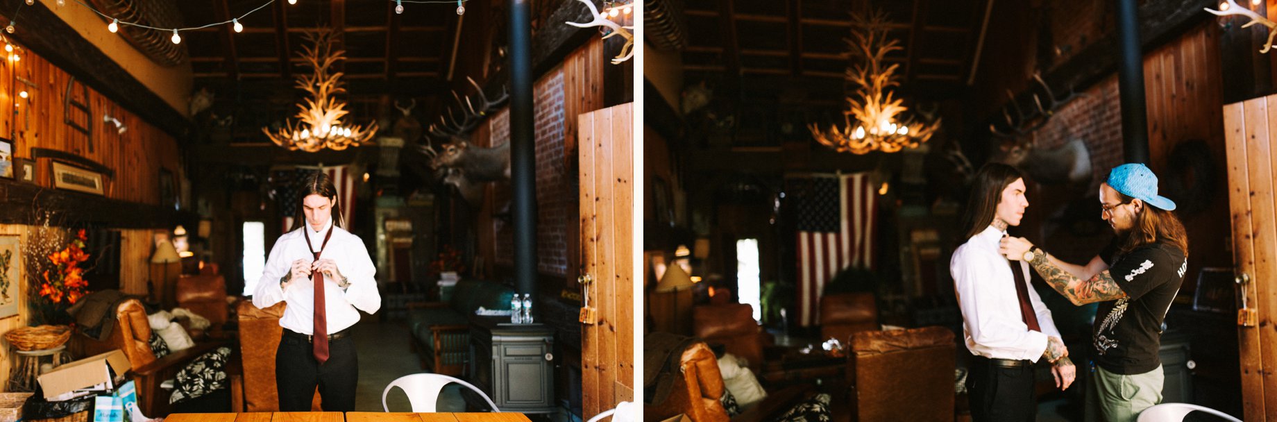 groom gets ready in a lodge