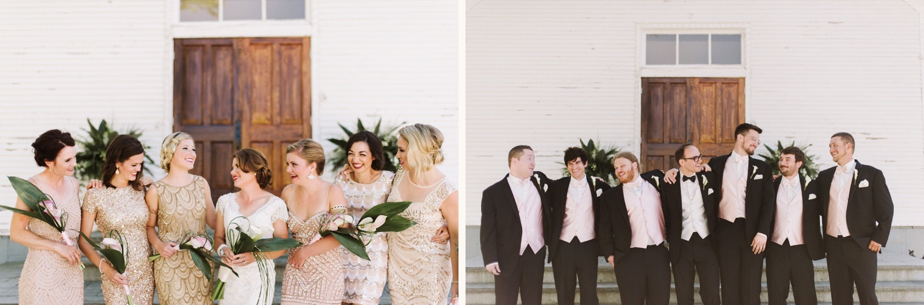 bridesmaids and groomsmen in 20s inspired outfit