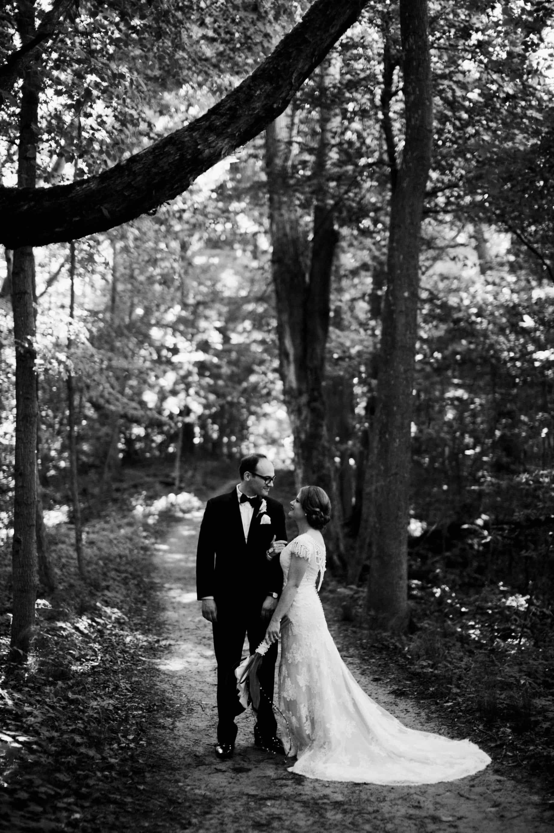 bride and groom in the forest