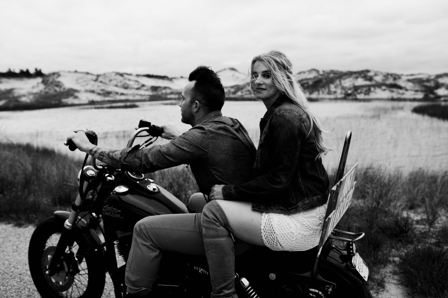 bride and groom on motorcycle