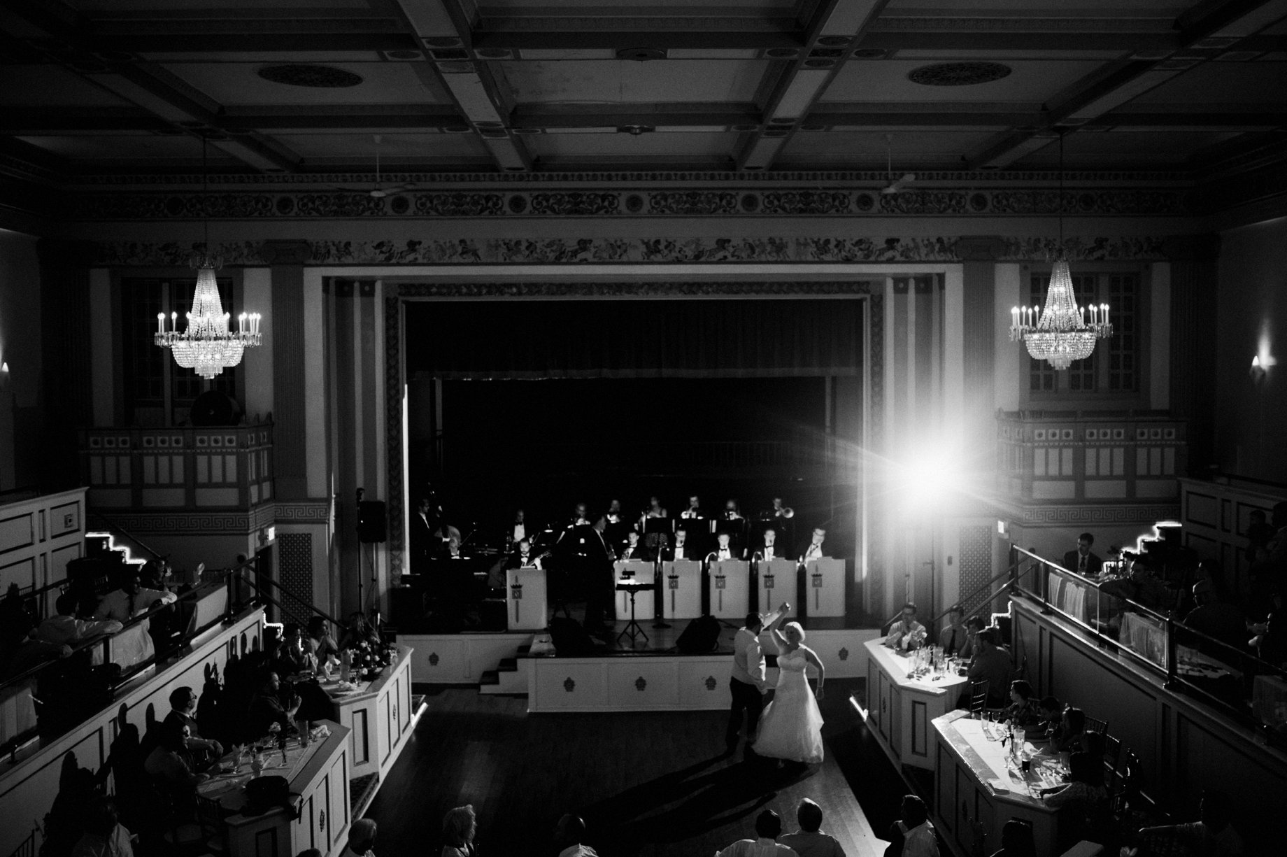 bride and groom sharing first dance in crystal ballroom of the lafayette grande