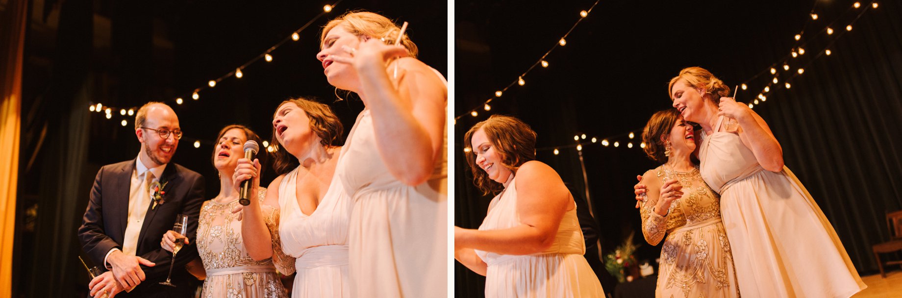 a candid moment of laughter during a wedding toast