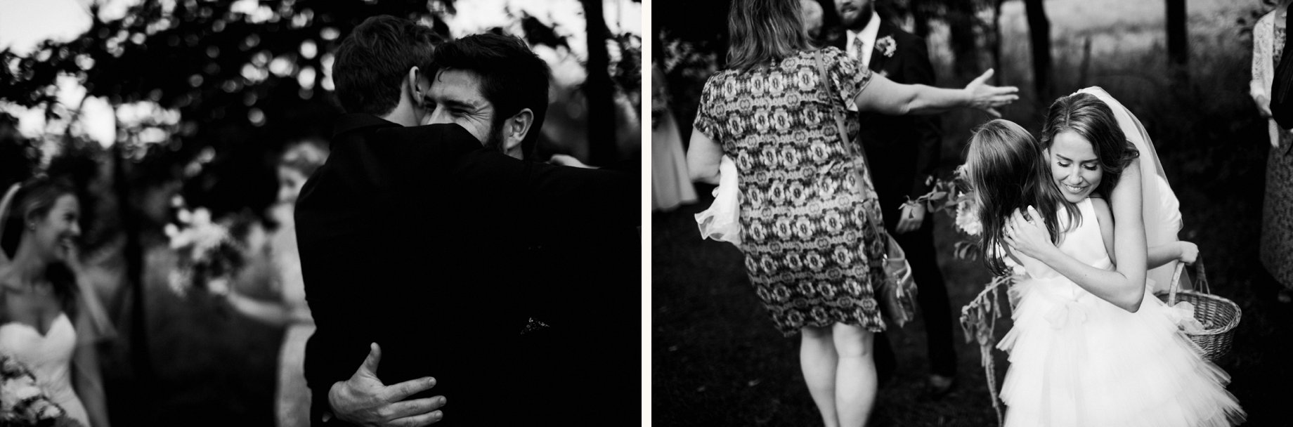 bride and groom embracing guests