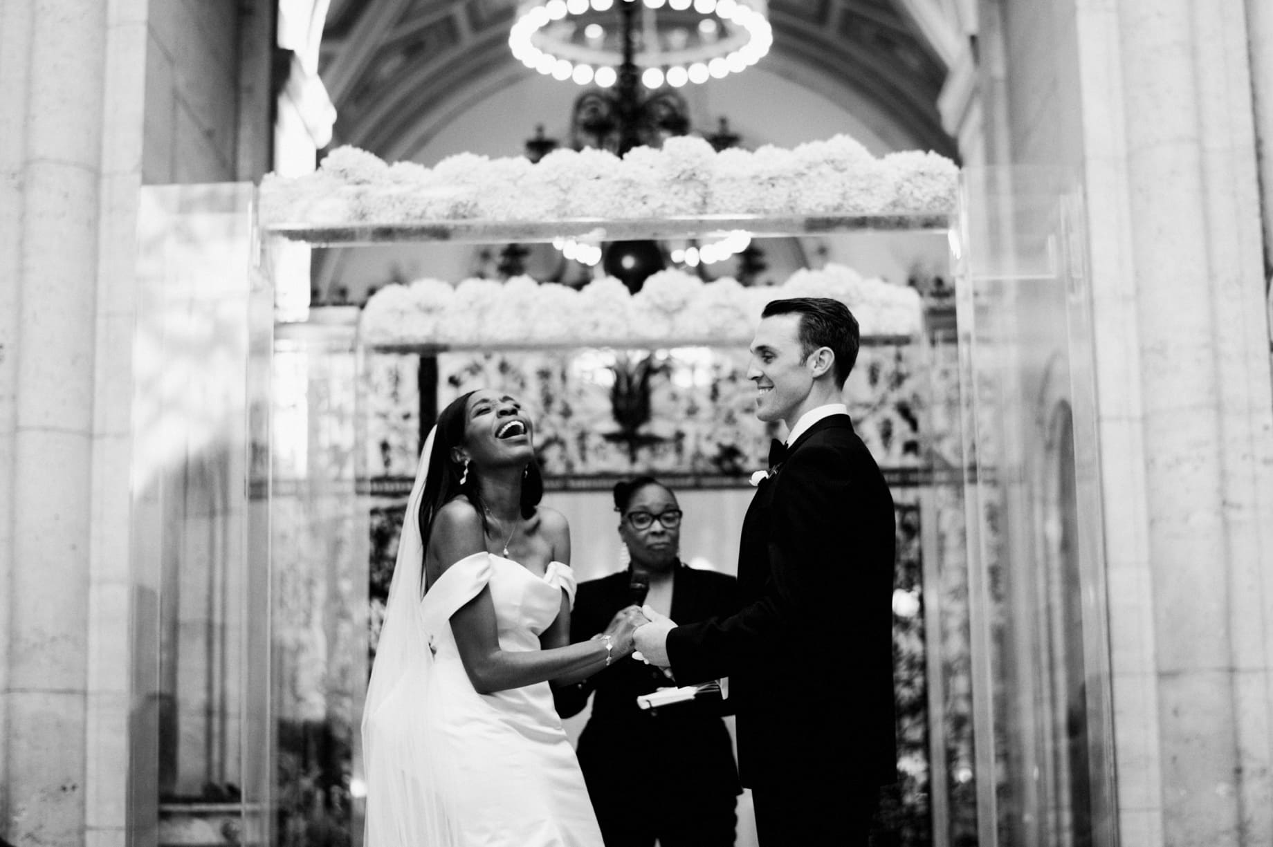 laughs during detroit institute of arts wedding ceremony