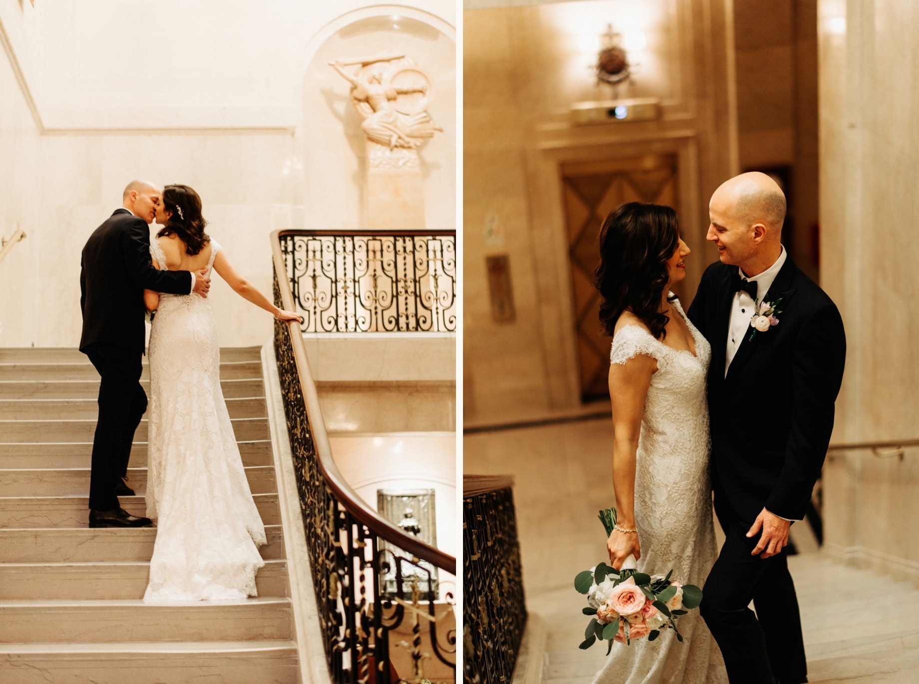 bride and groom posing on the stairs at the DAC