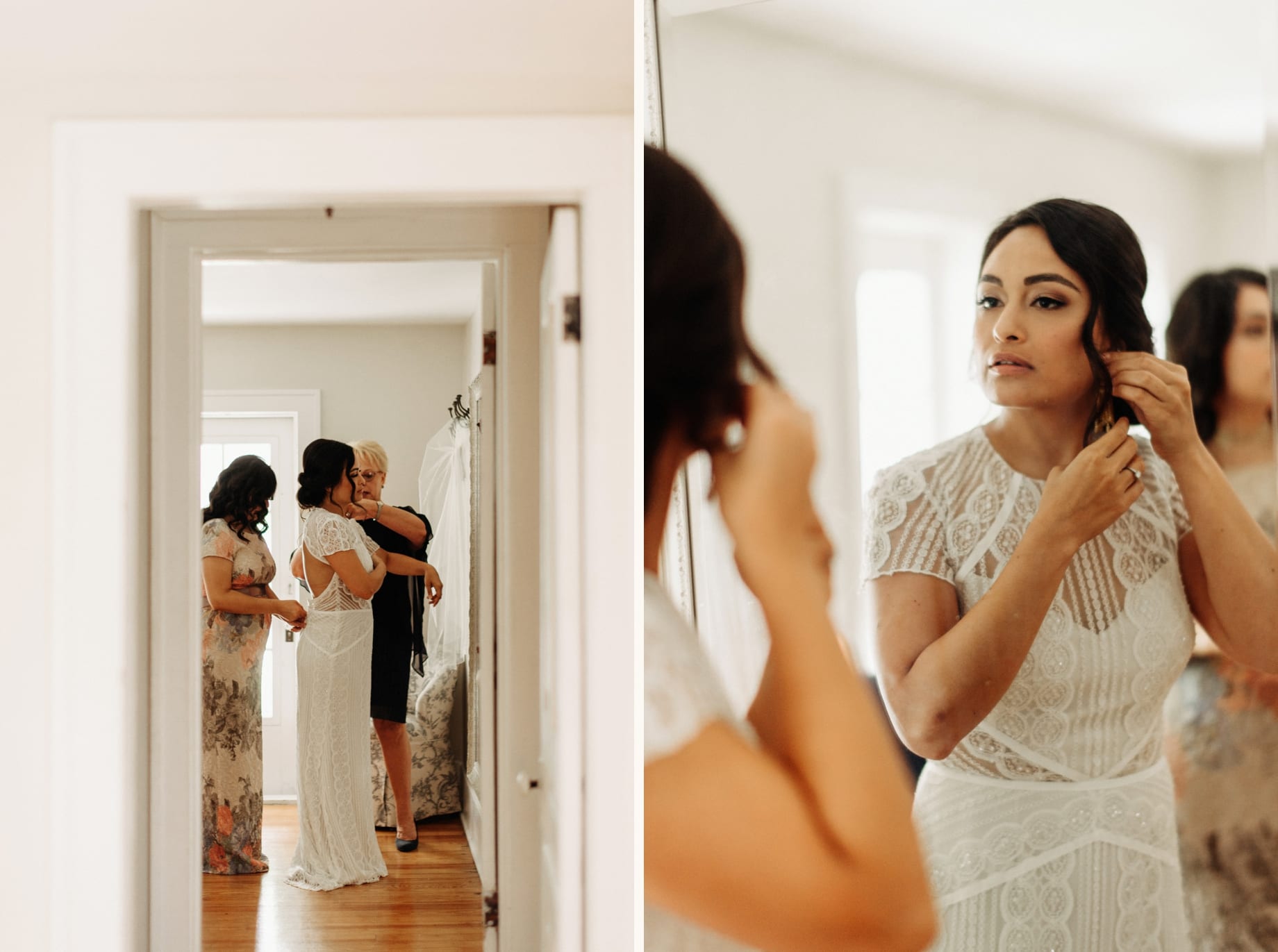 bride getting dressed at the farmhouse at zingermans cornman farms