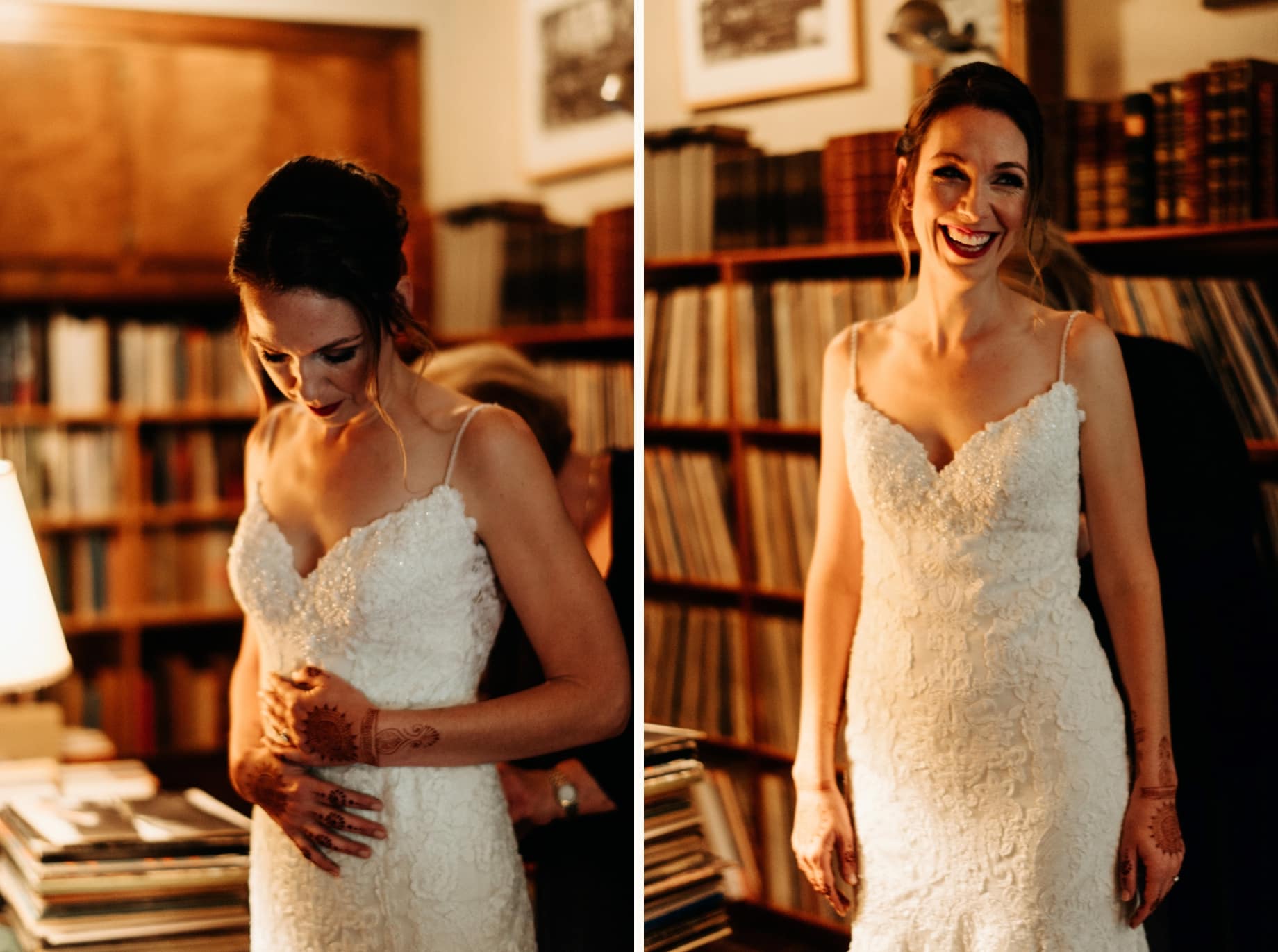 bride in beaded dress with henna