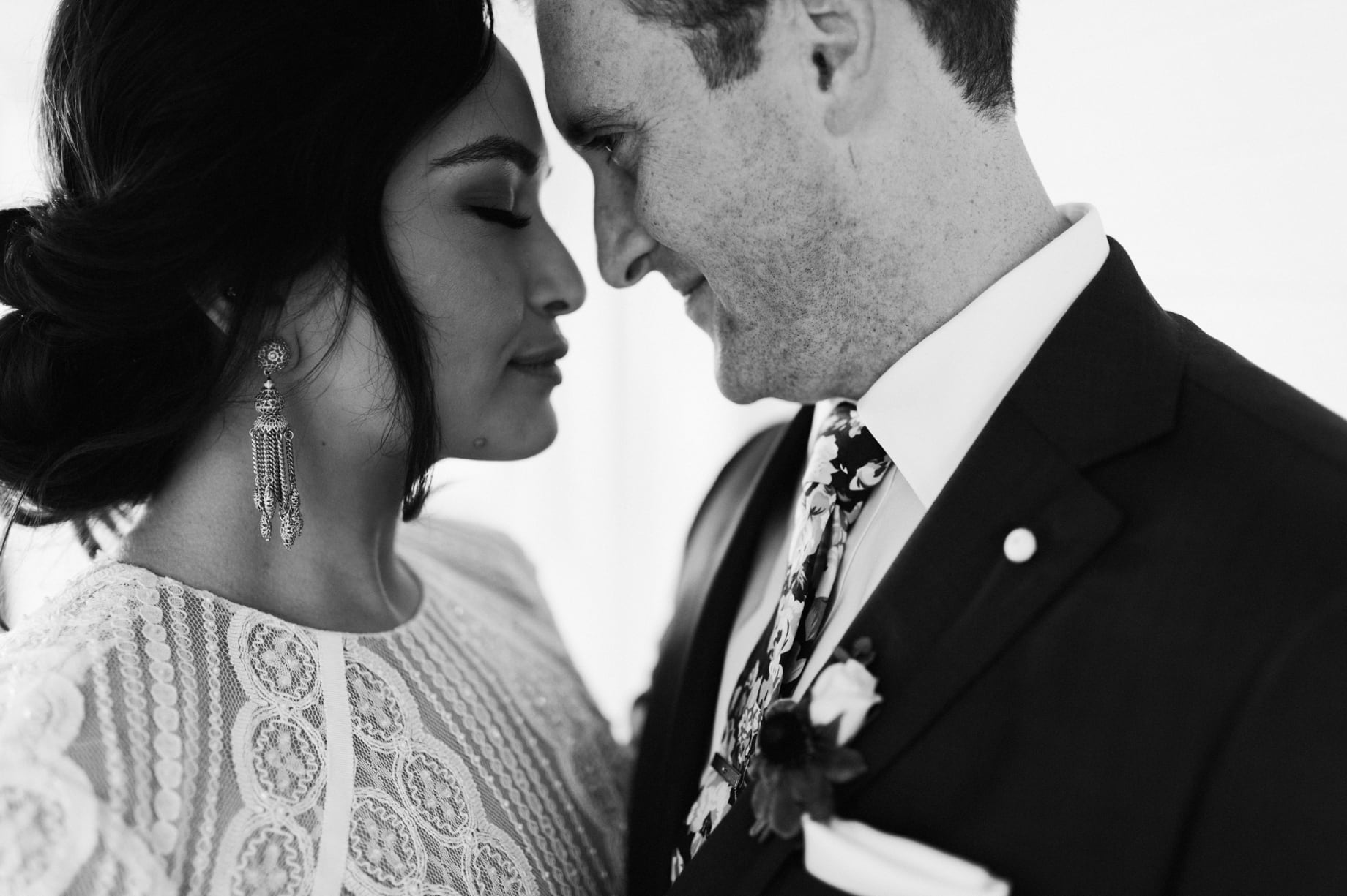 black and white portrait of bride and groom