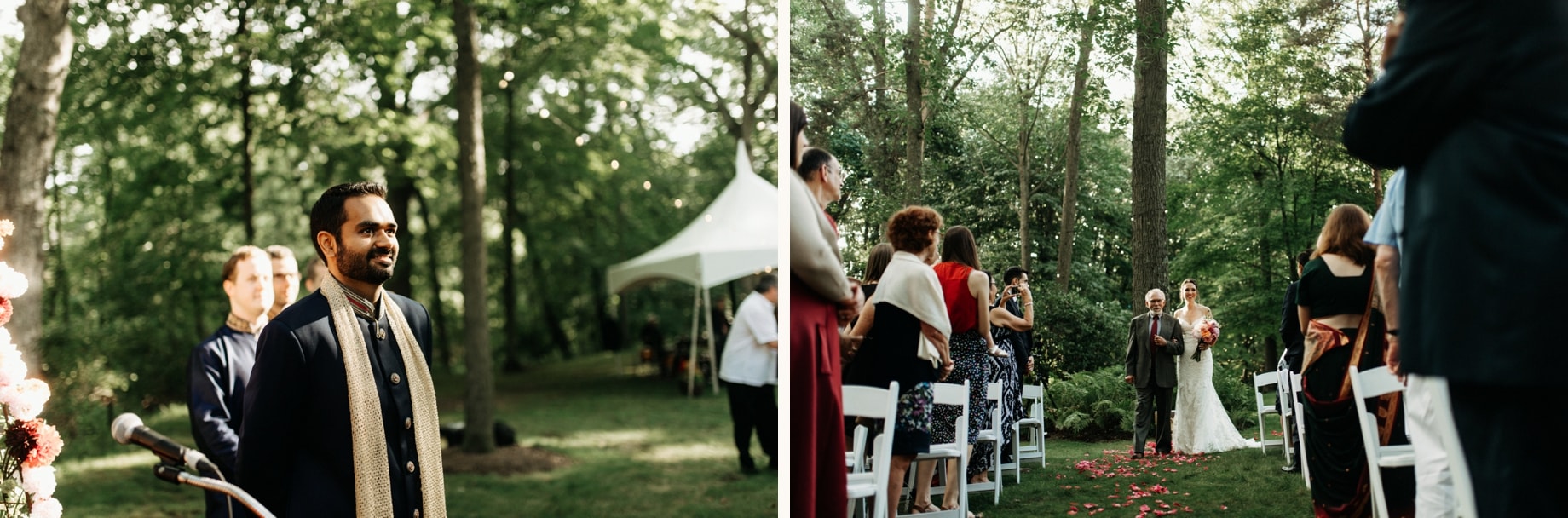 groom watching his bride come down the aisle during their back yard wedding