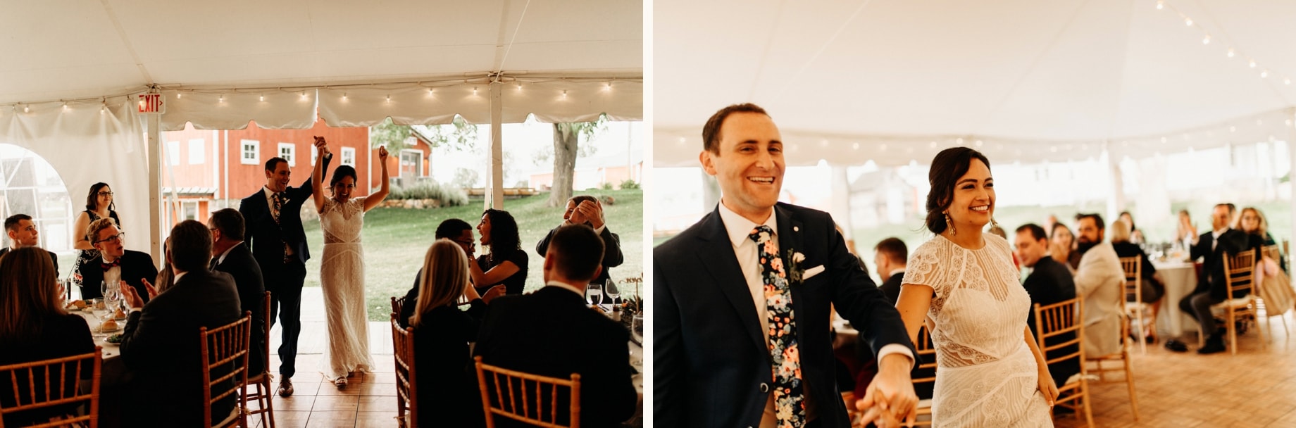 bride and groom entering their reception in the tent at cownman farms