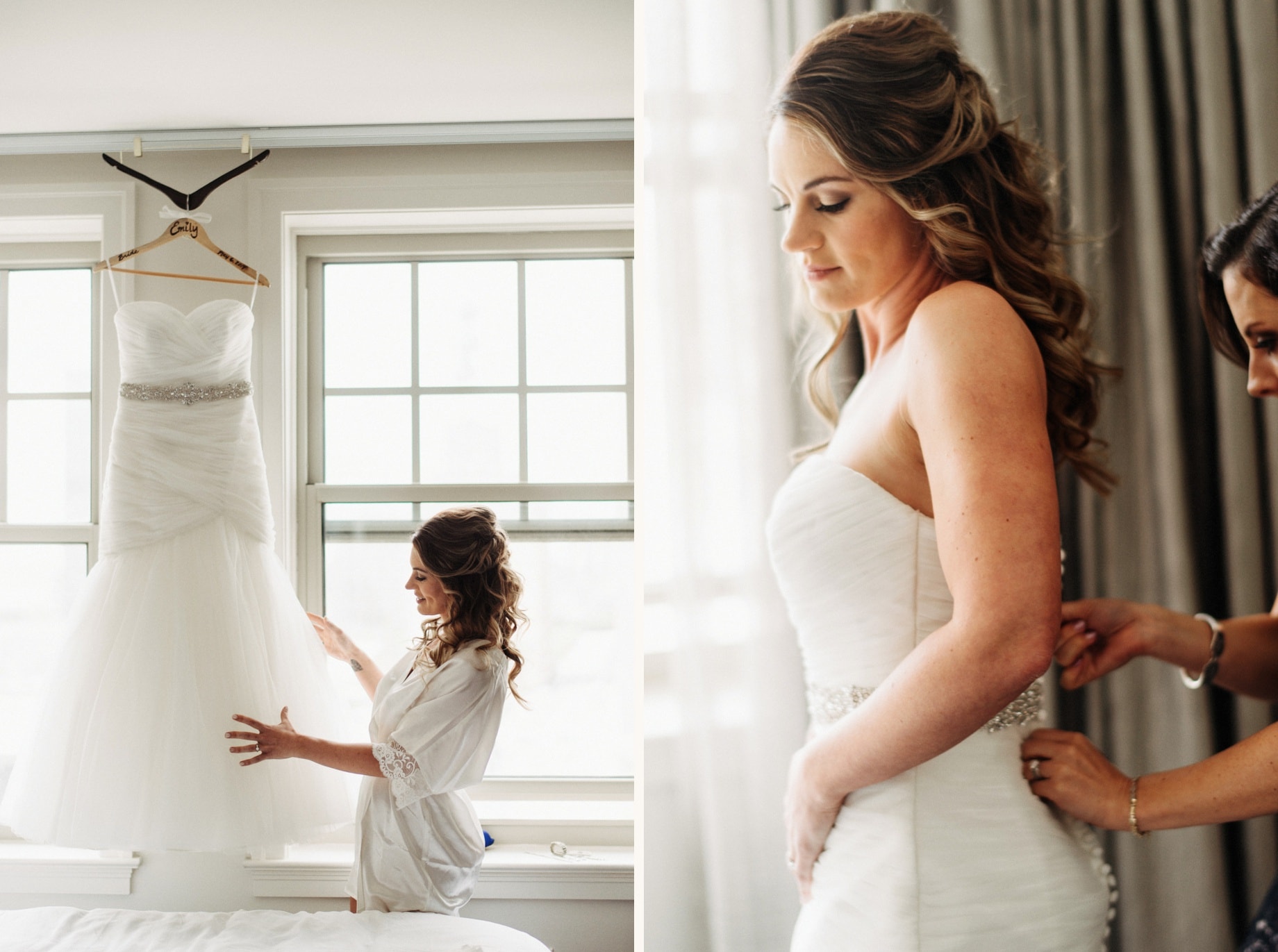 bride getting dressed by detroit wedding photographer heather jowett