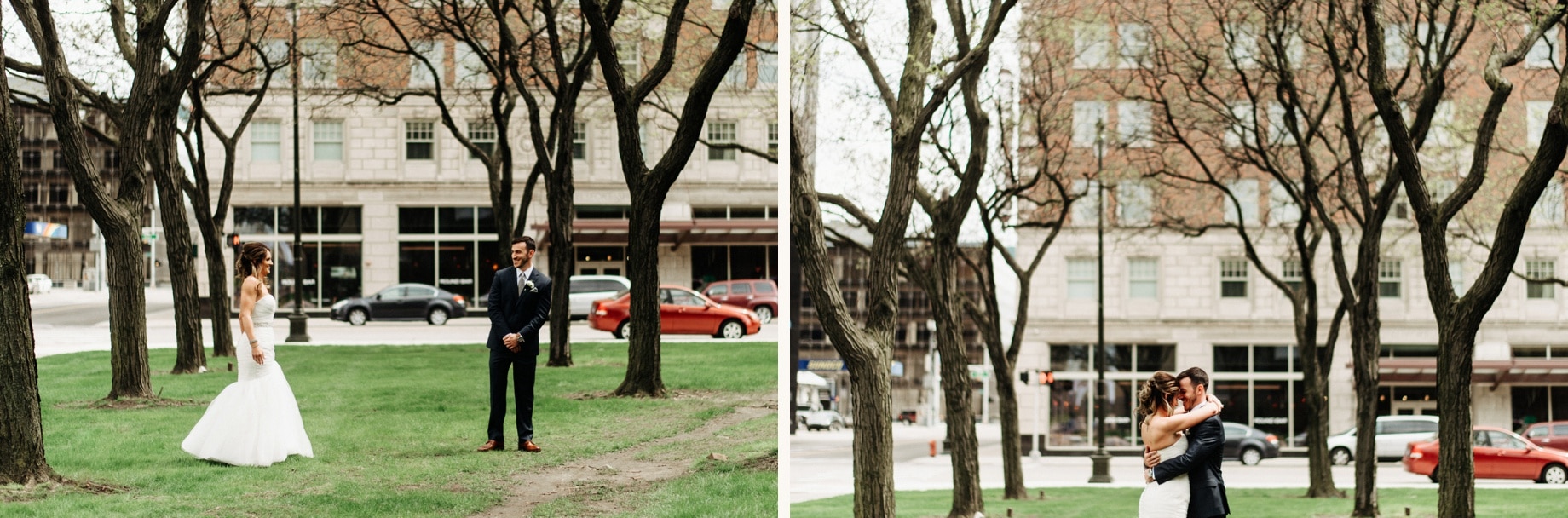 bride and groom share a first look in downtown detroit