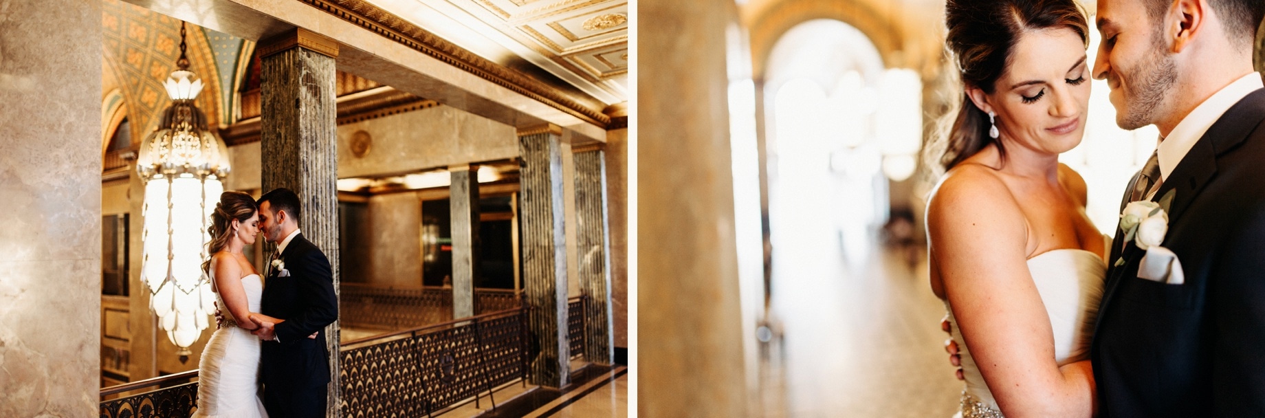 bride and groom portraits in the fisher building by detroit wedding photographer heather jowett