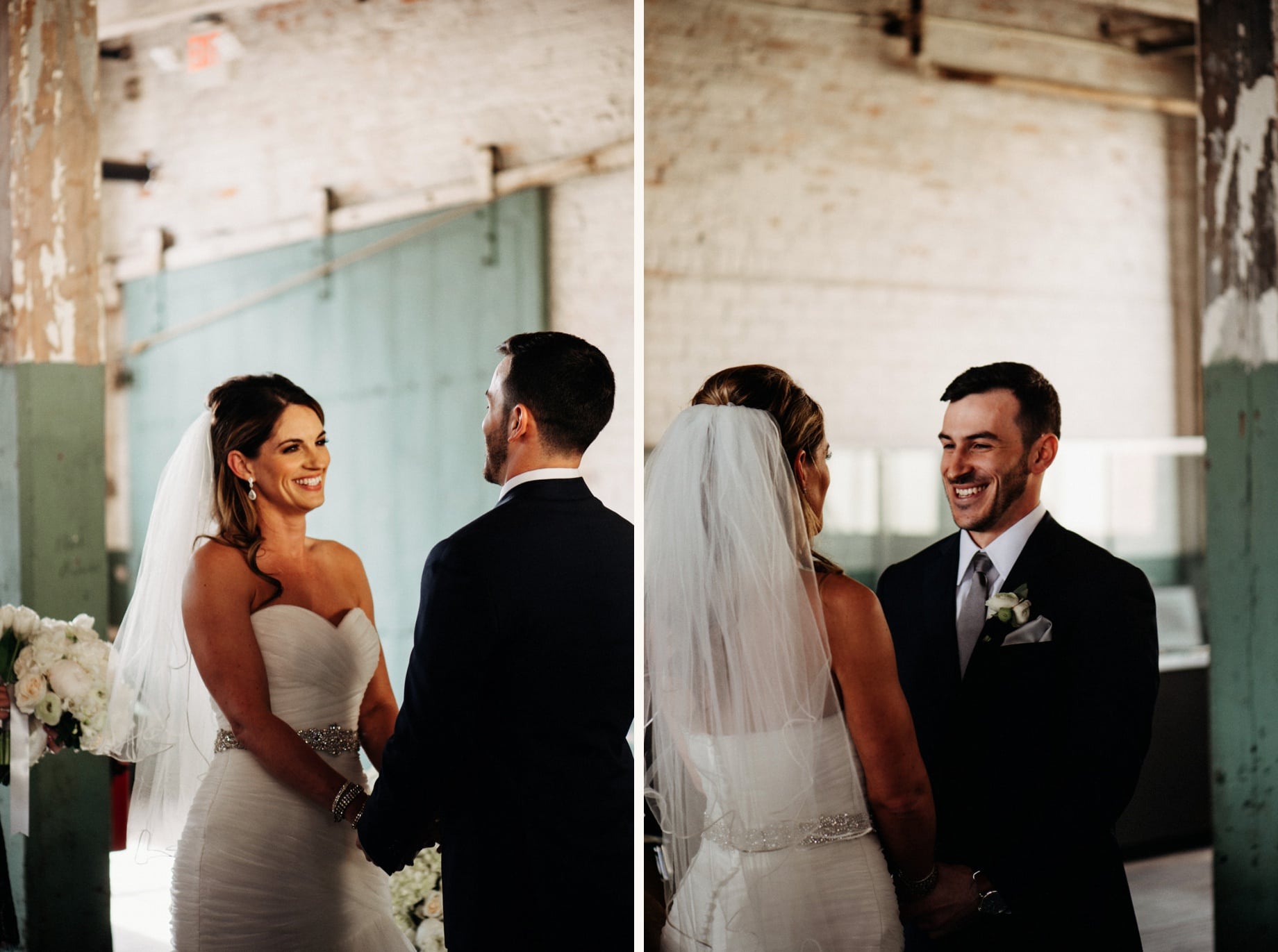 bride and groom during their wedding ceremony at the ford piquette plant