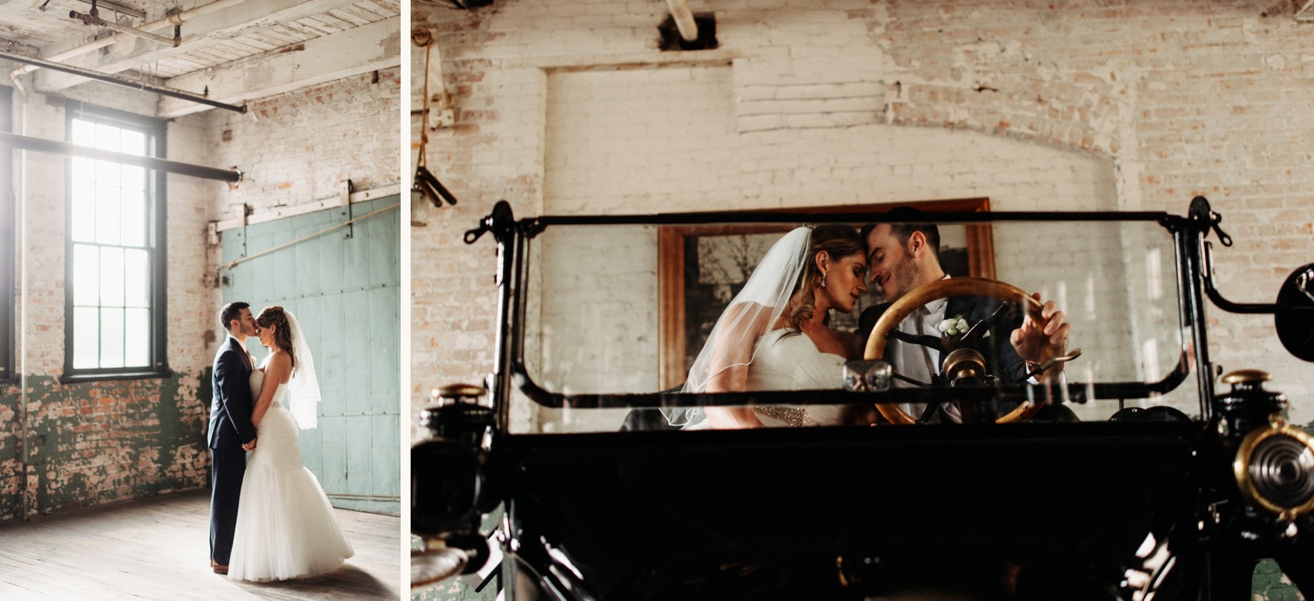bride and groom posing in a vintage Model T at the ford piquette plant
