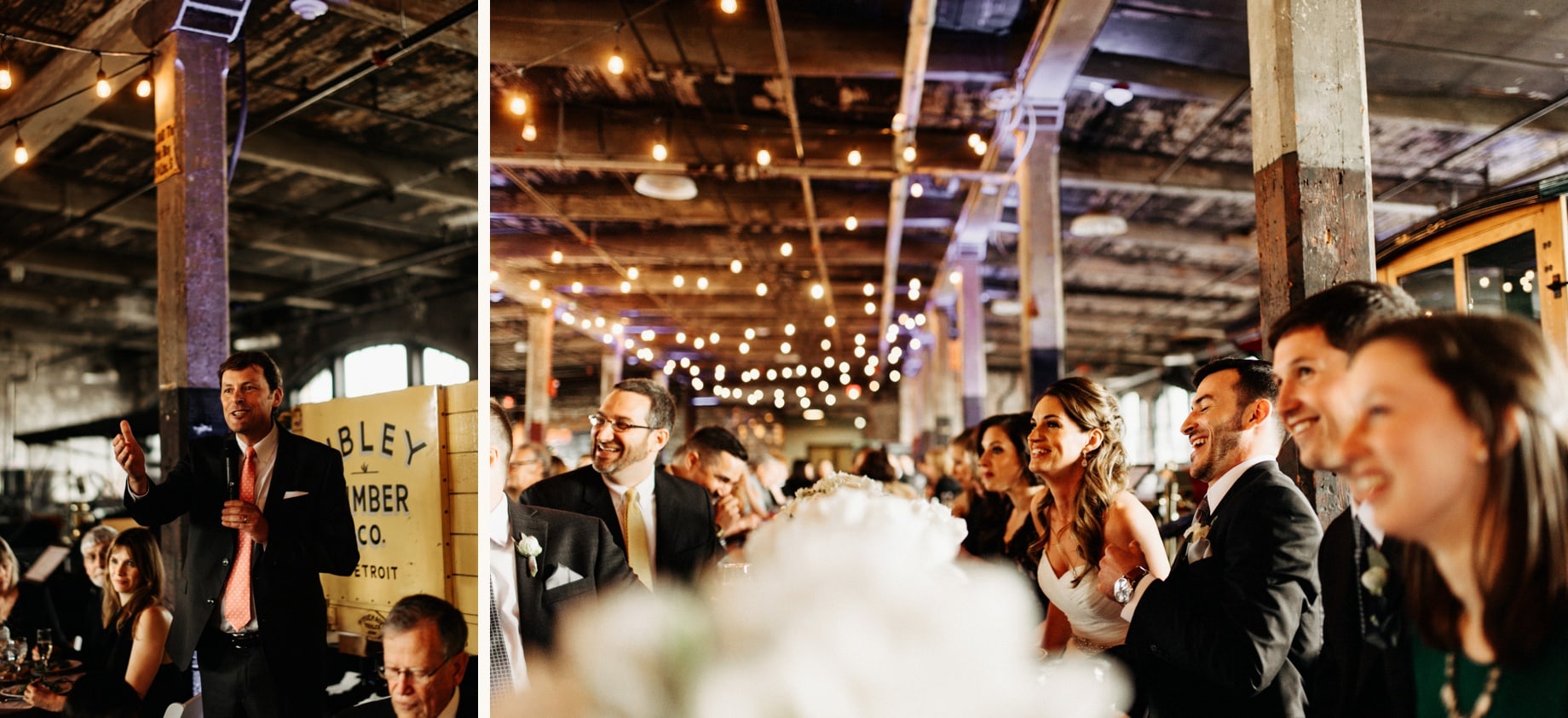 Father other the groom toasts the bride and groom at a piquette plant wedding in detroit michigan