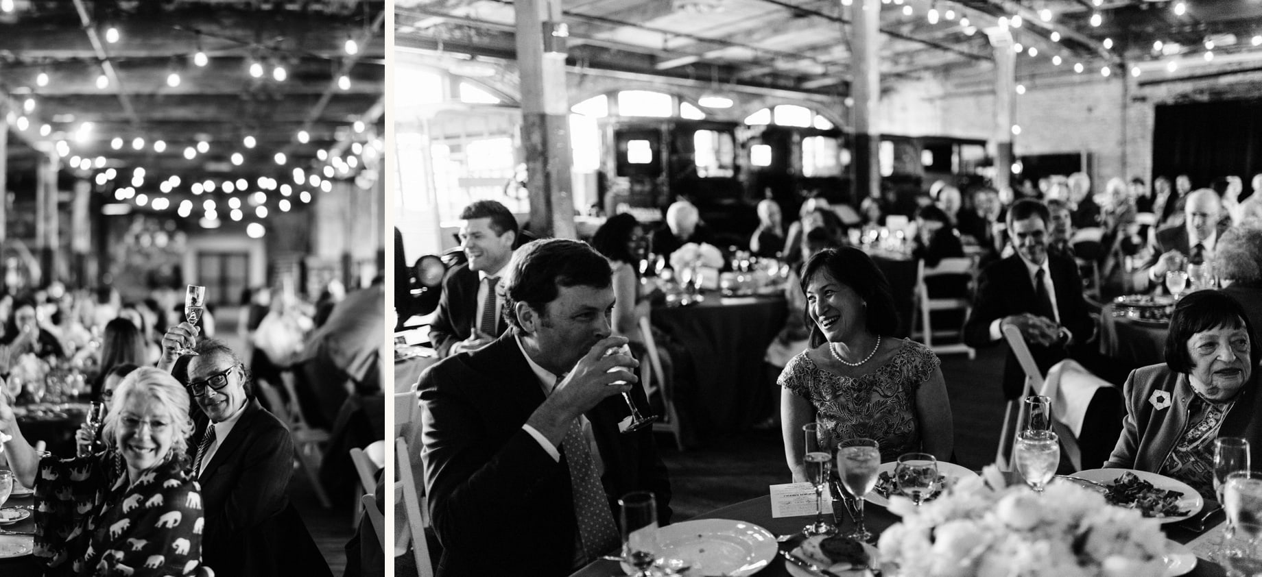 guests reacting to toasts during a wedding at the piquette plant