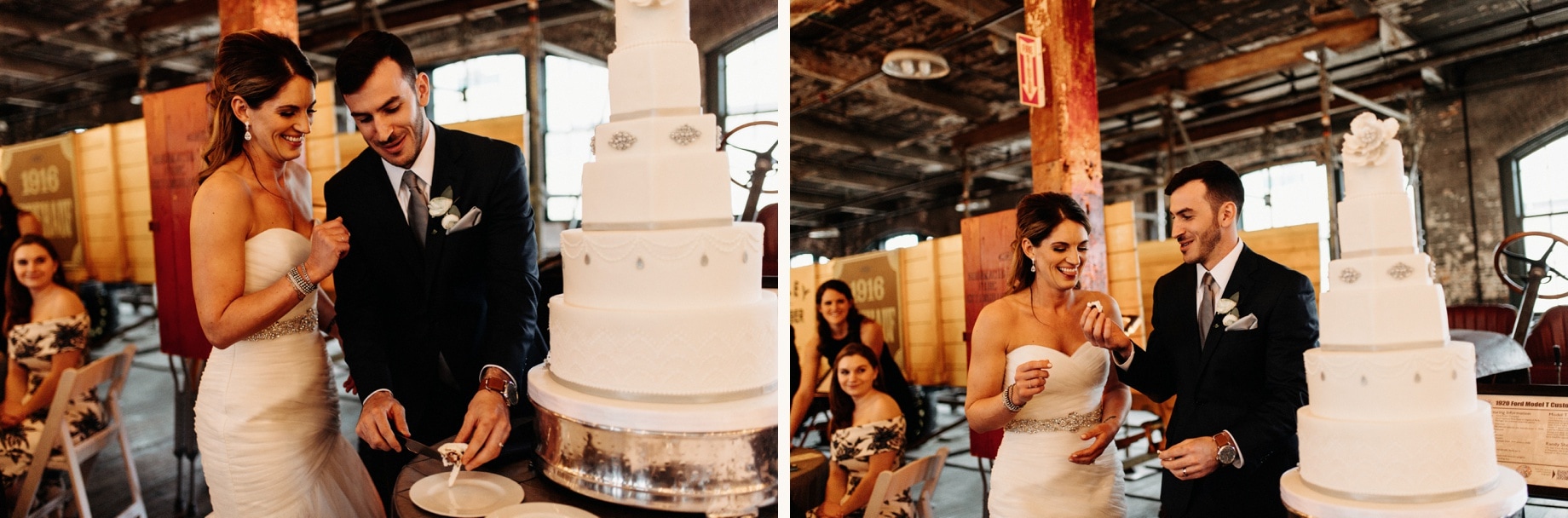 cake cutting at a ford piquette plant wedding