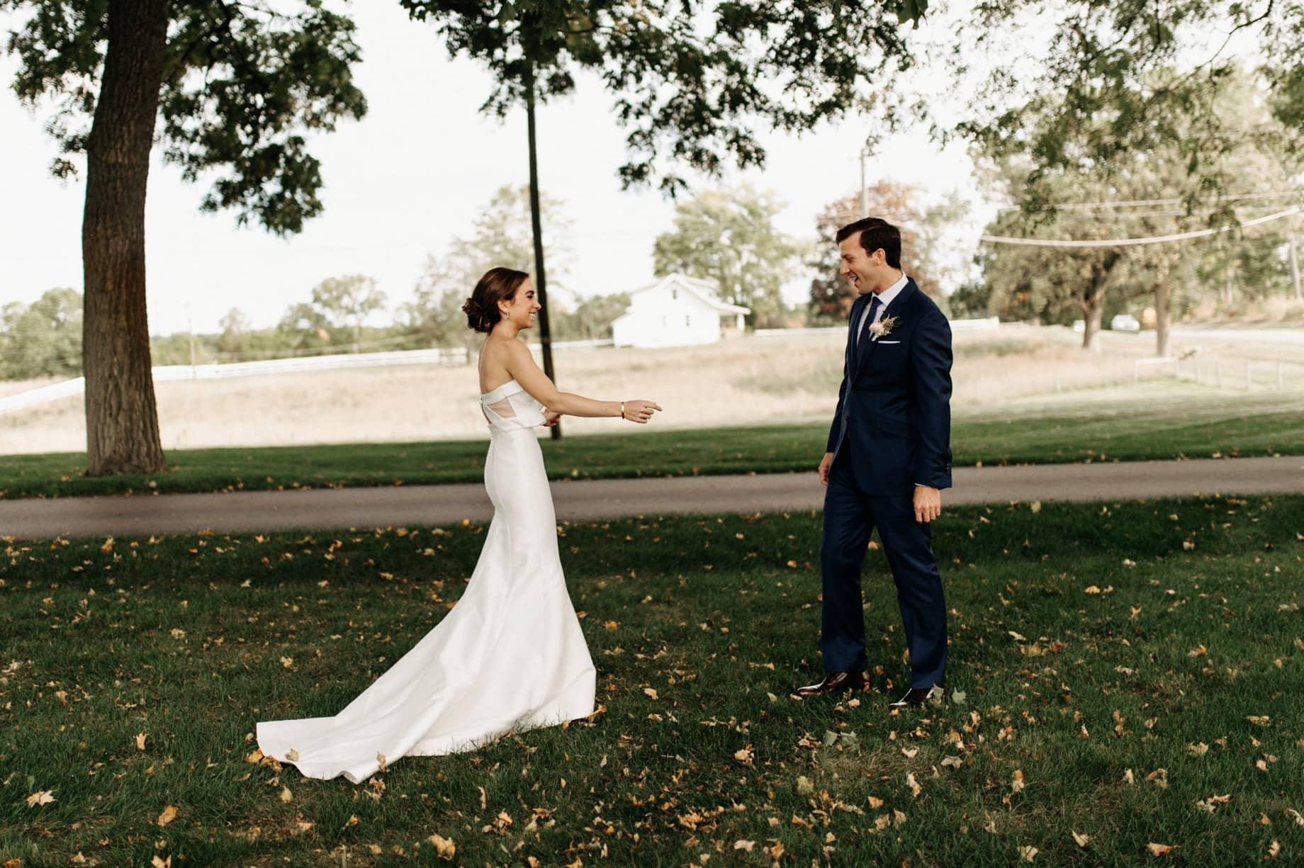 bride and groom share a first look at Cornman Farms