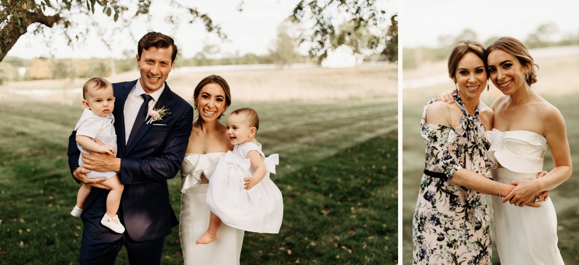 bride and groom pose with flower girl and ring bearer at Cornman farms