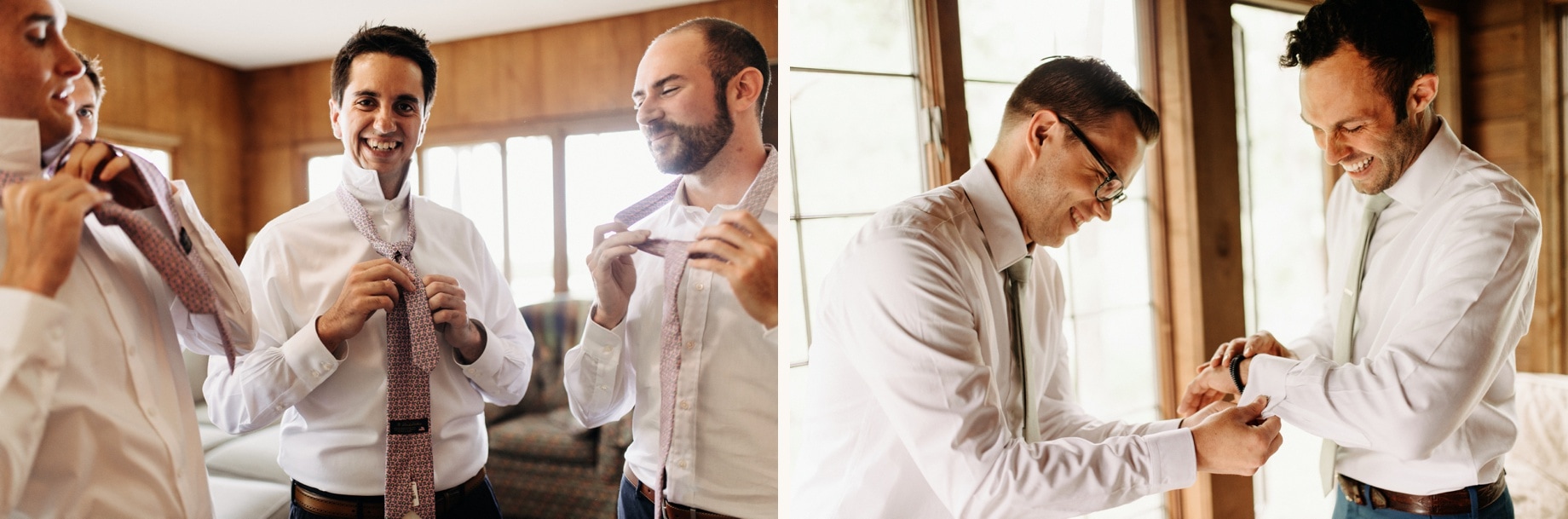 groom getting dressed with his friends on his wedding day