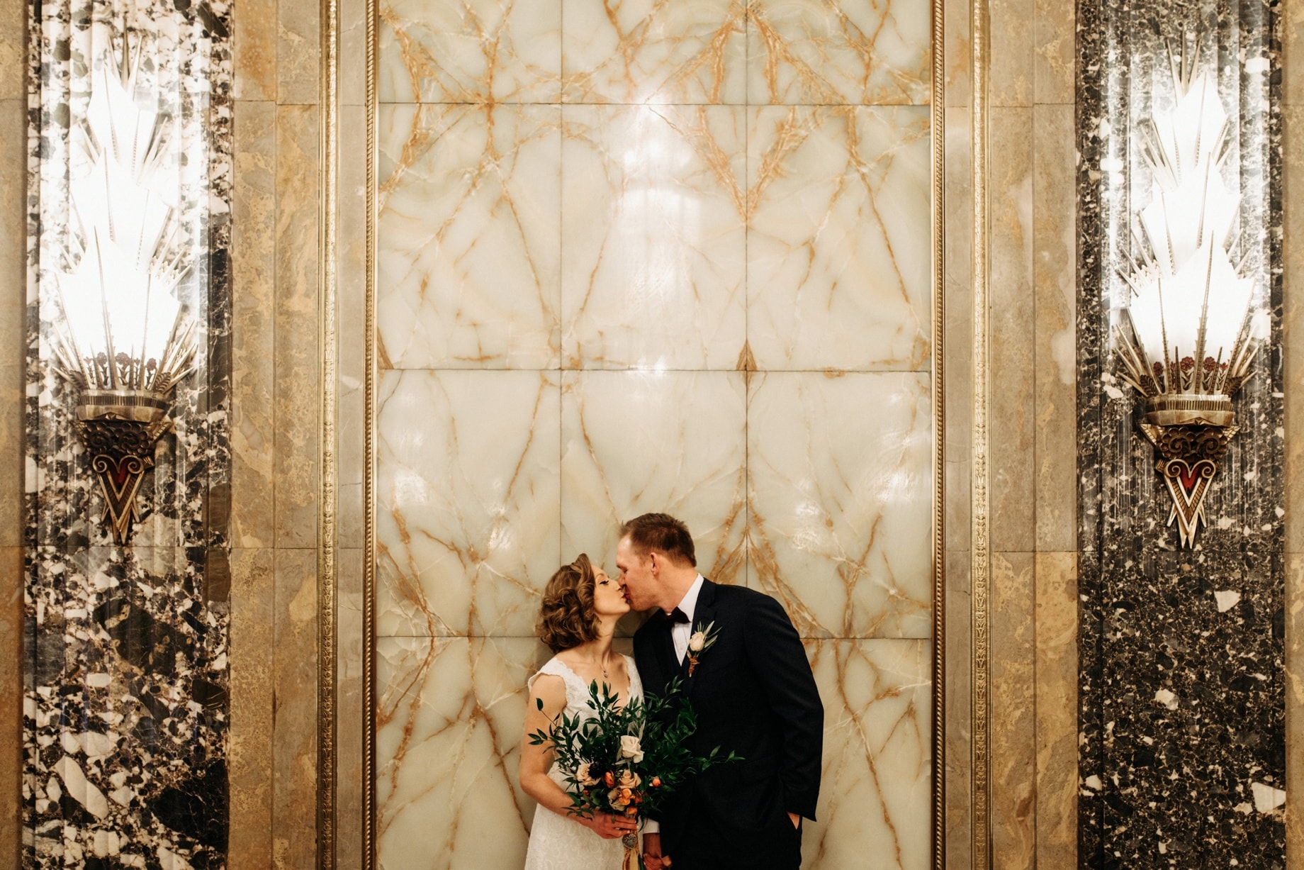 bride and groom portrait in the fisher building in Detroit