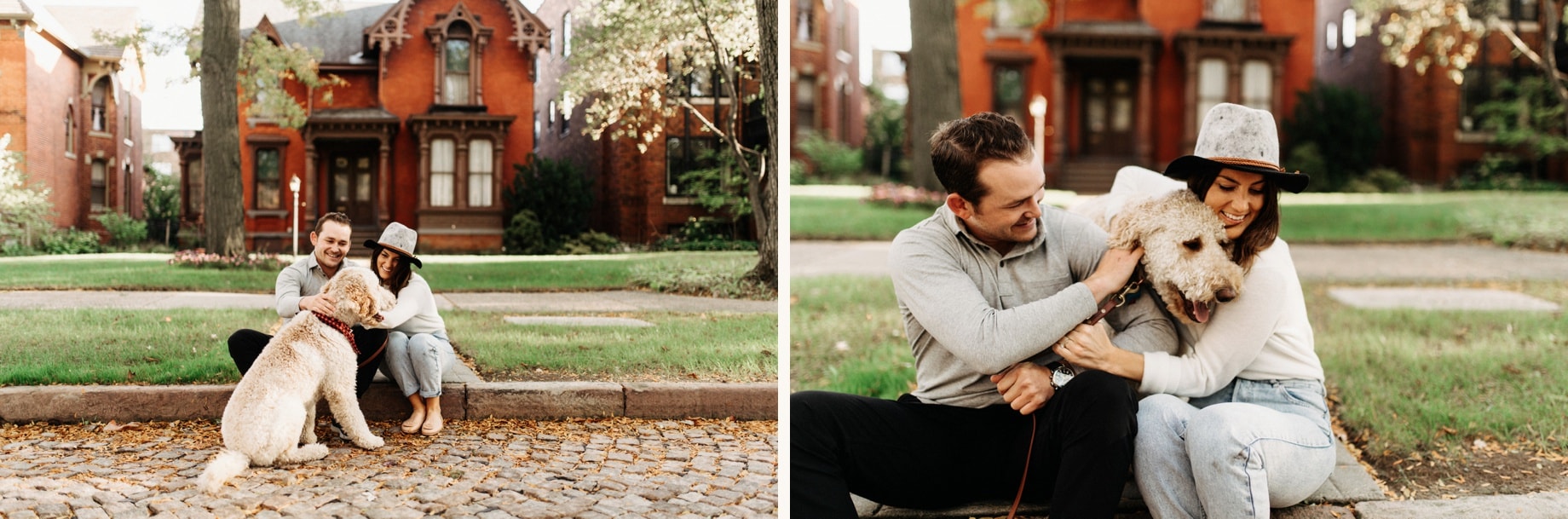 couple includes their dog for their west Canfield Detroit engagement session