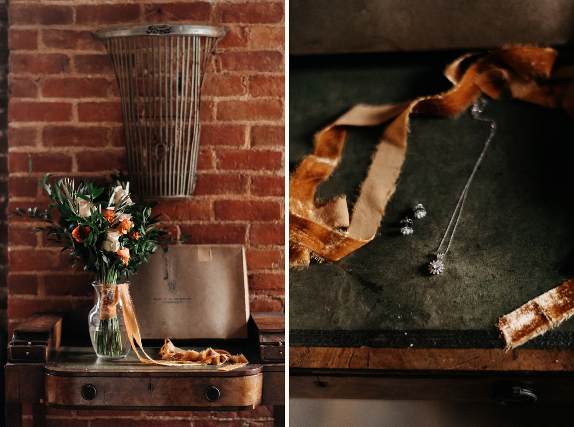 bridal bouquet and vintage jewelry for a winter wedding in Detroit at the Jam Handy
