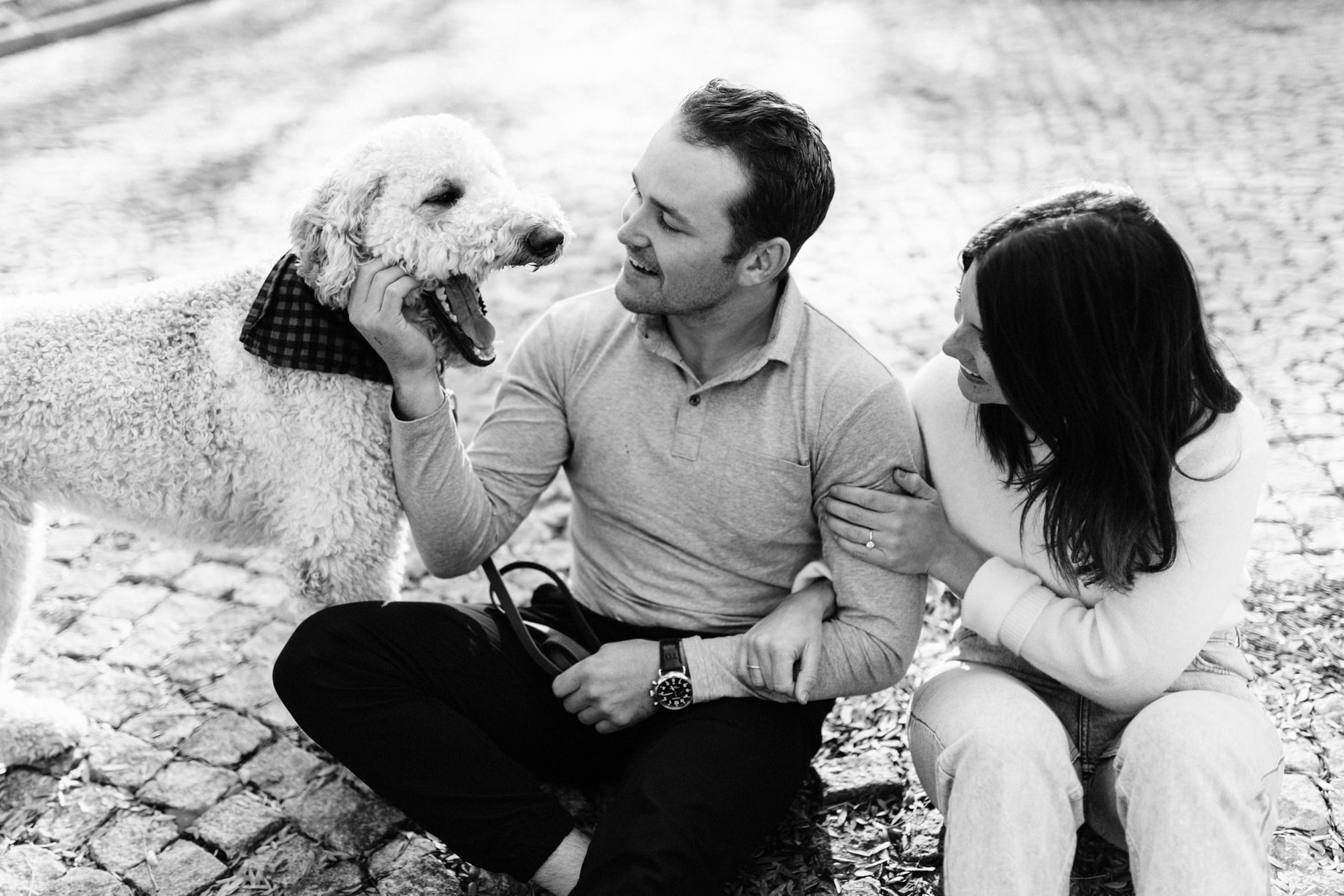 couple with their dog during their detroit engagement session