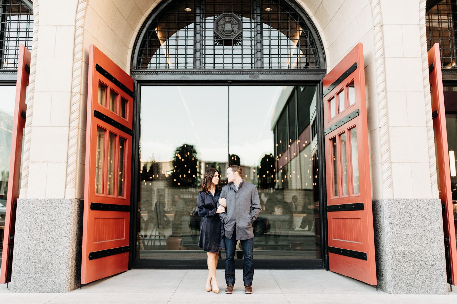 engagement photos outside of the detroit foundation hotel