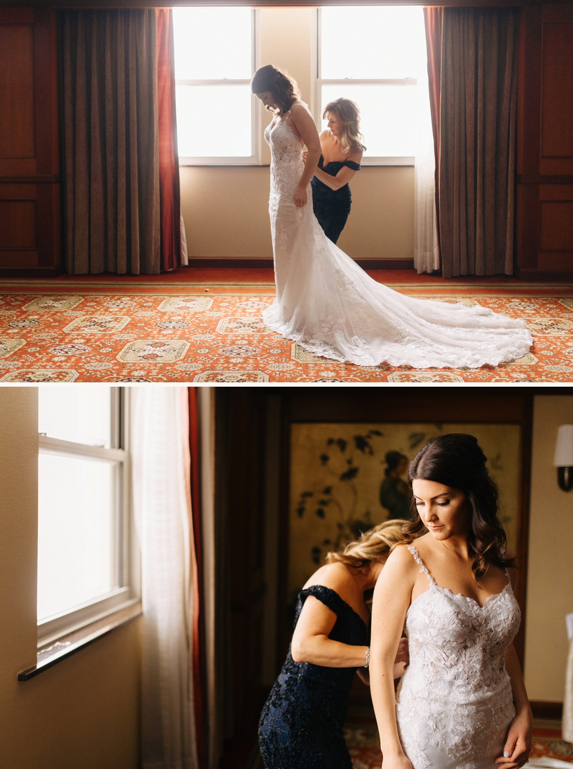 Bride is helped into her wedding dress by her mother at a Detroit Athletic Club wedding