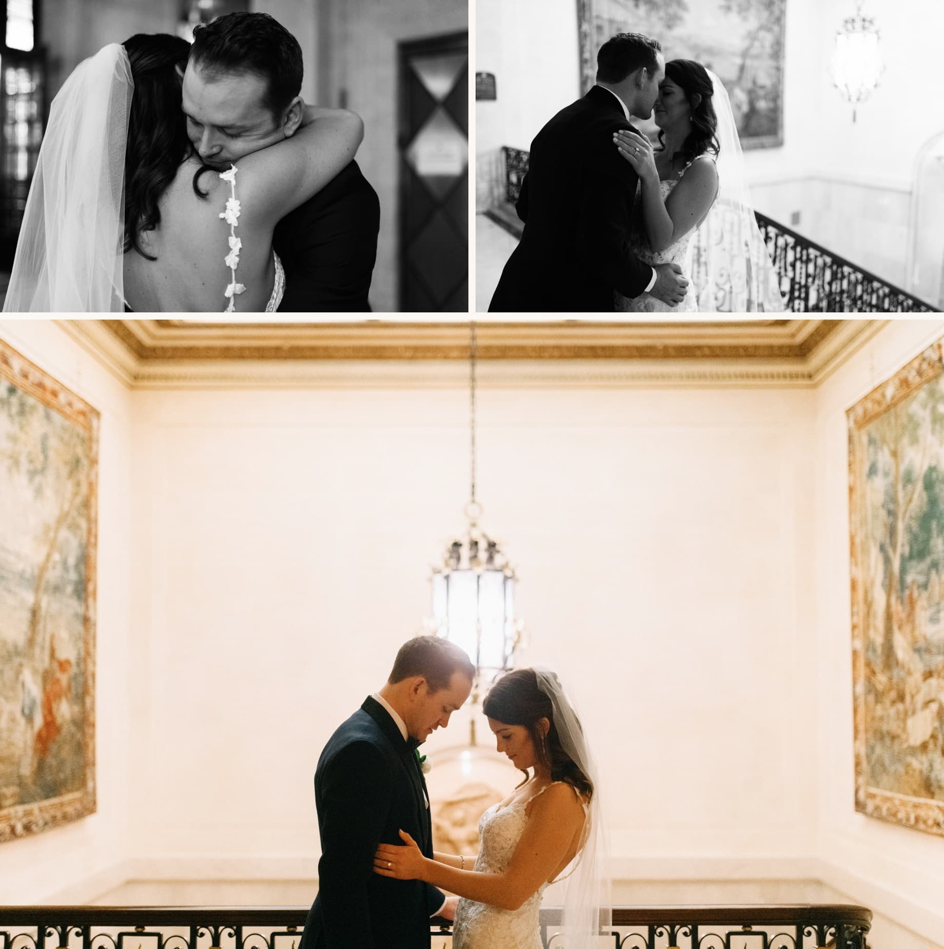 bride and groom embrace after first look