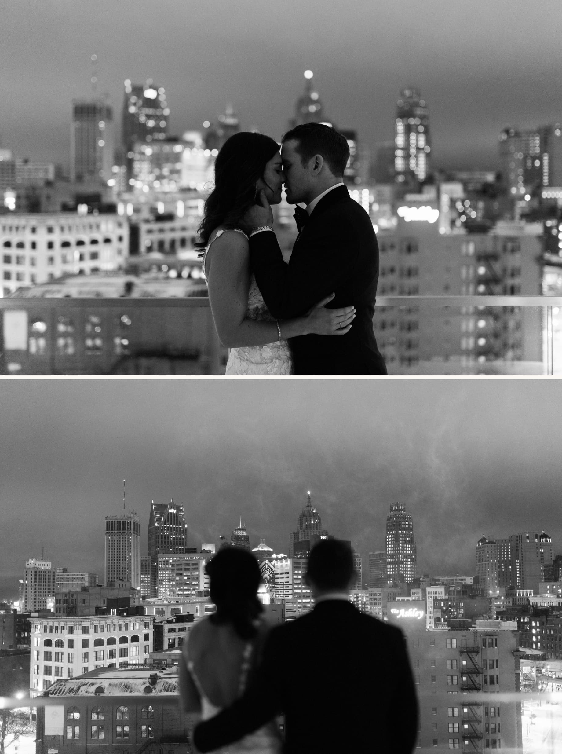 nighttime portraits on the roof of the Detroit Athletic Club by Detroit wedding photographer Heather Jowett