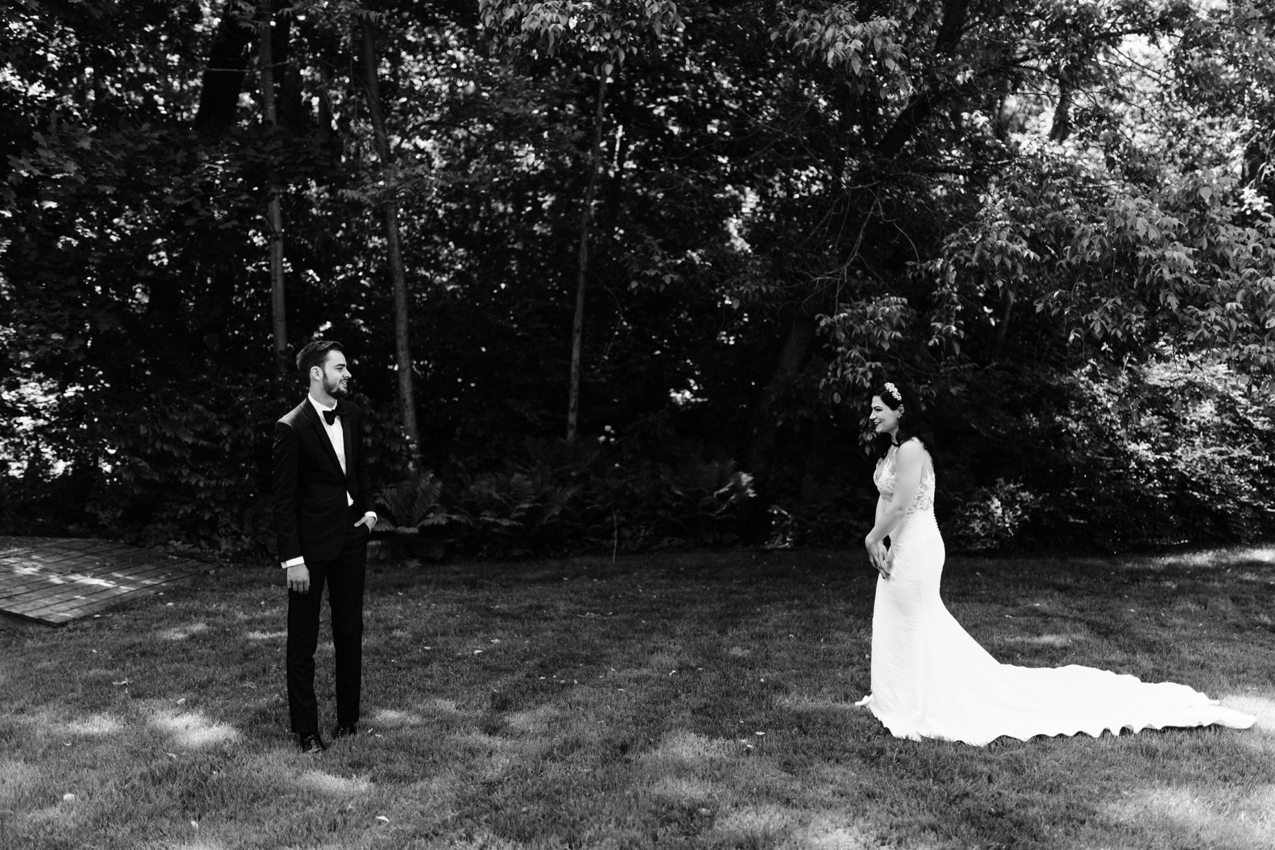 bride and groom share a first look