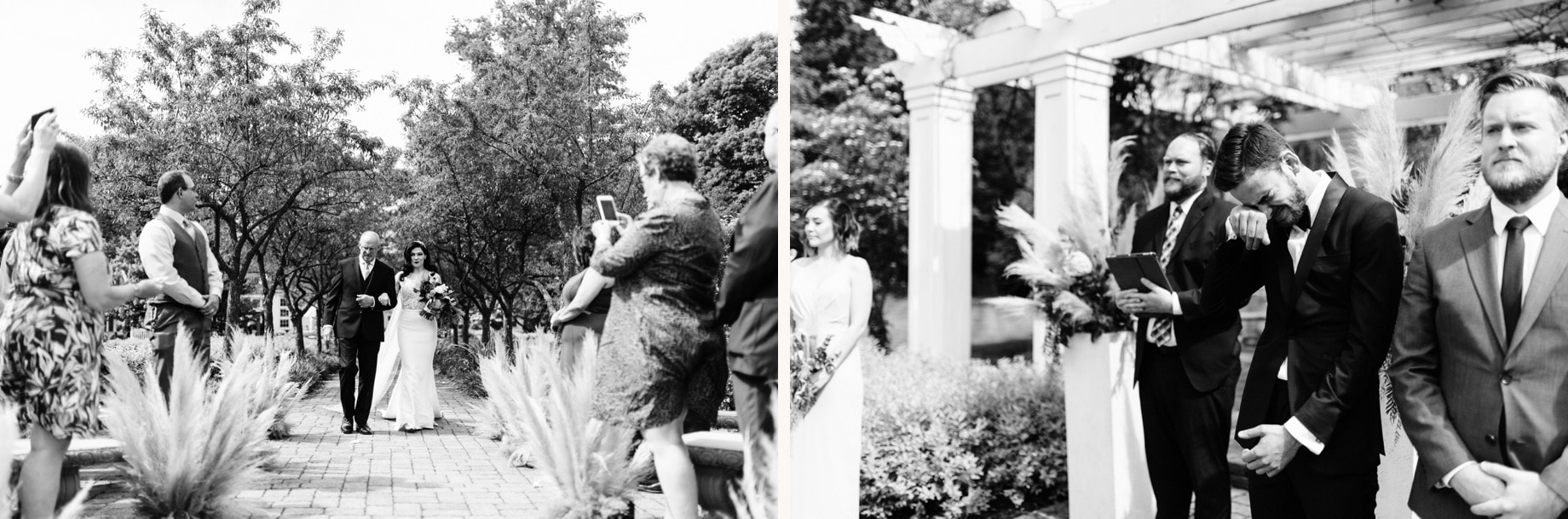 groom has an emotional reaction to bride walking down the aisle