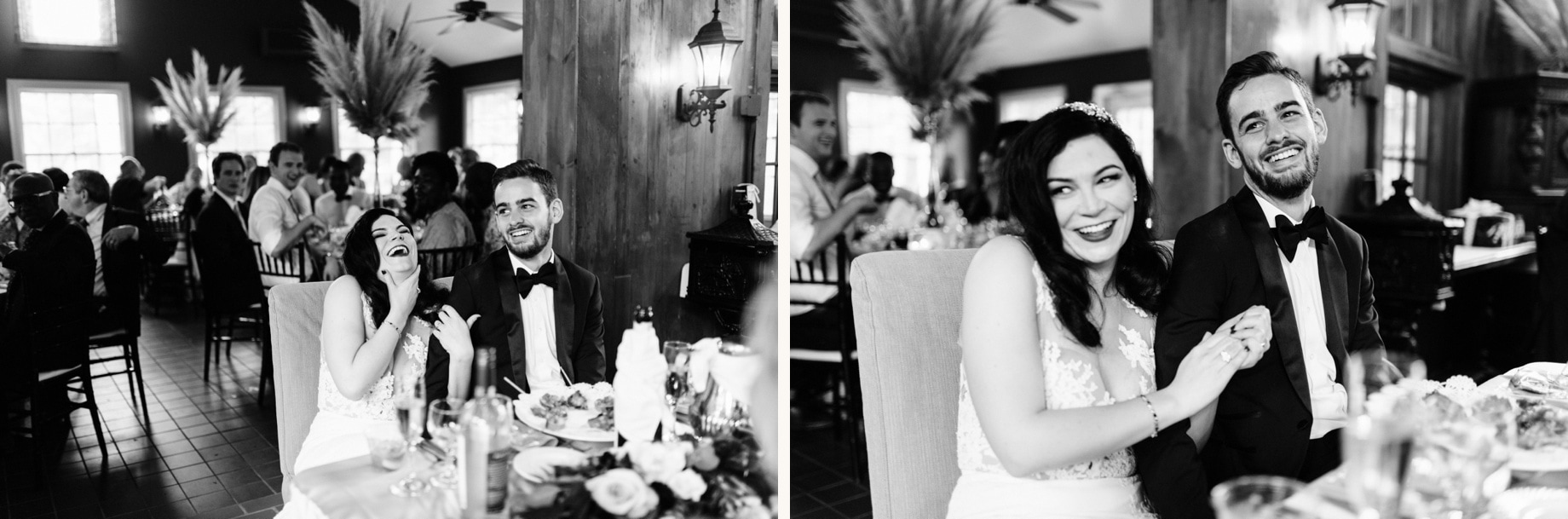 bride and groom reacting to toasts