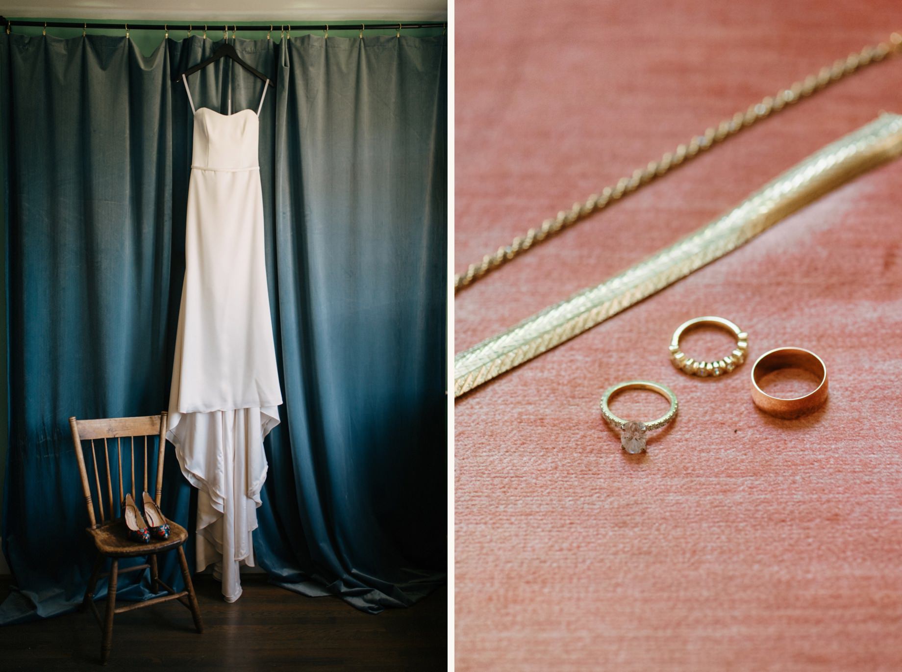 A detail shot of a wedding dress and rings by photojournalistic Detroit wedding photographer Heather Jowett