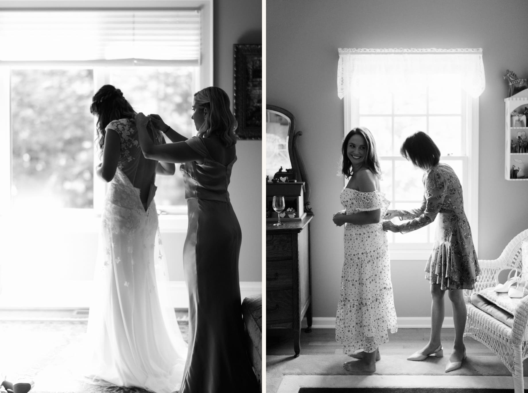 black and white photograph of bride getting into wedding dress by photojournalistic Detroit wedding photographer Heather Jowett