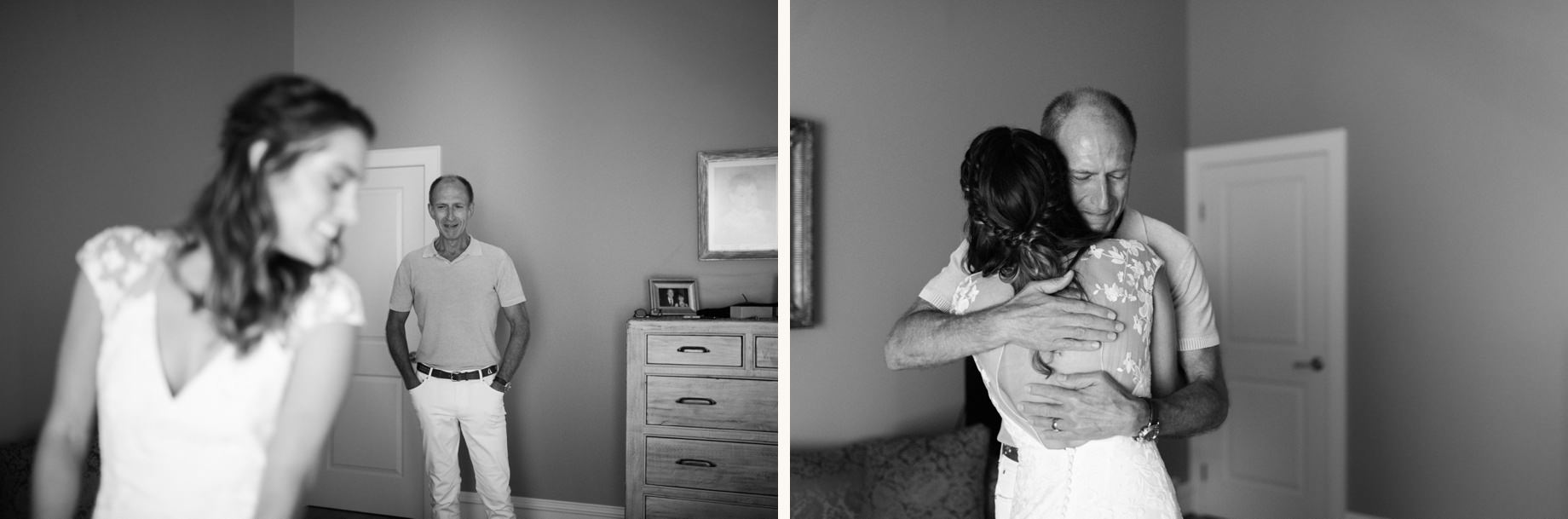 father having a tearful reaction to seeing his daughter in her wedding dress