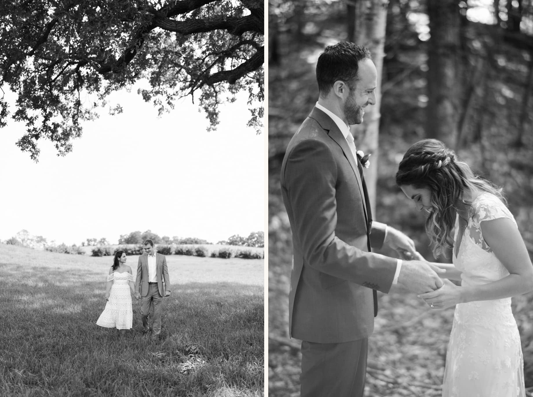 a couple walks in a field during their small intimate covid 19 wedding