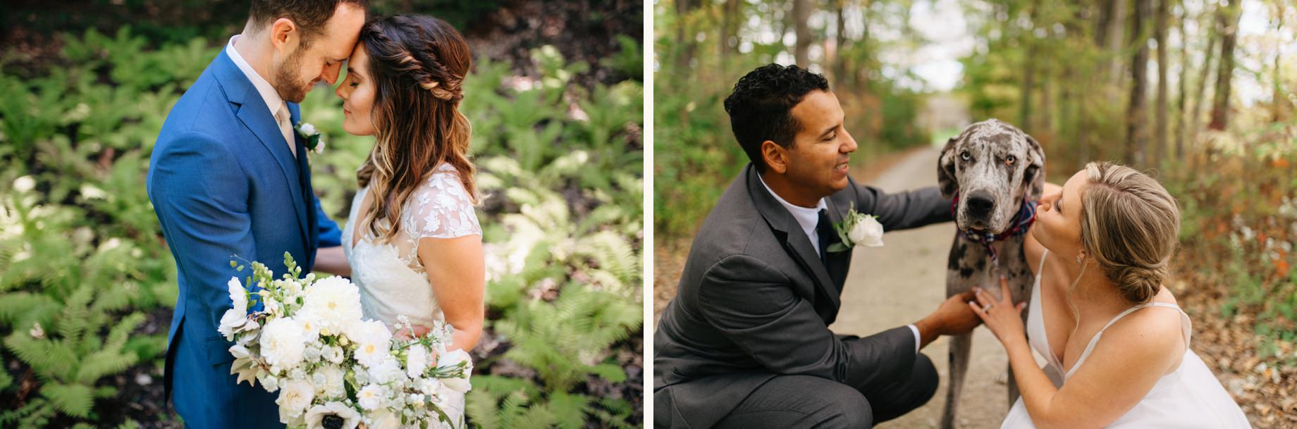 a couple spending some time with their great dane at their backyard wedding