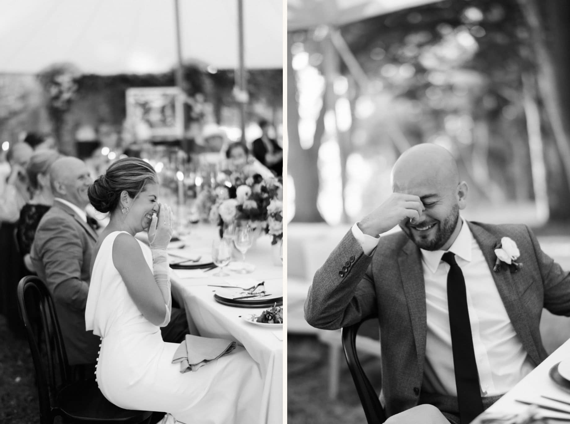 bride and groom laugh reacting to toasts