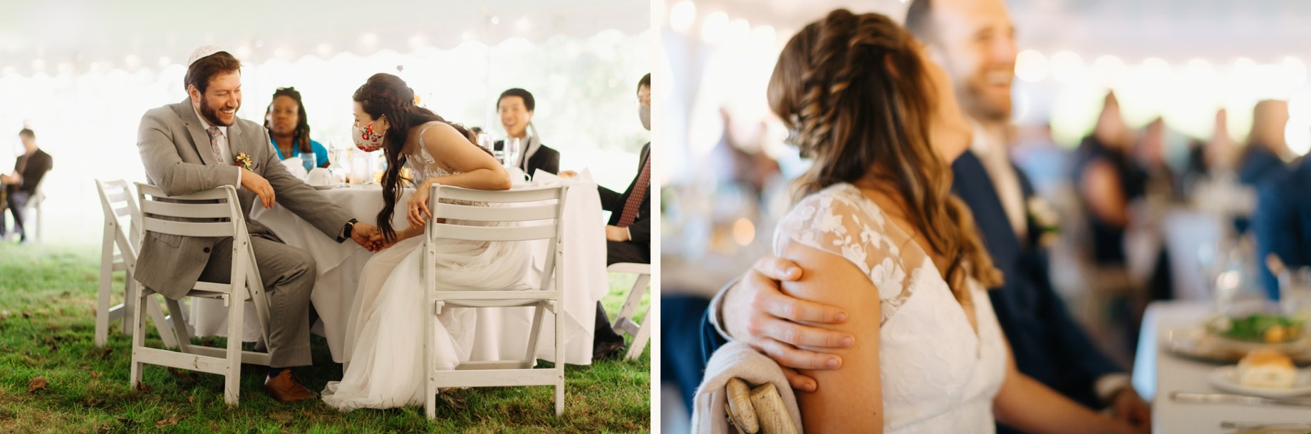 couples laughing during wedding toasts