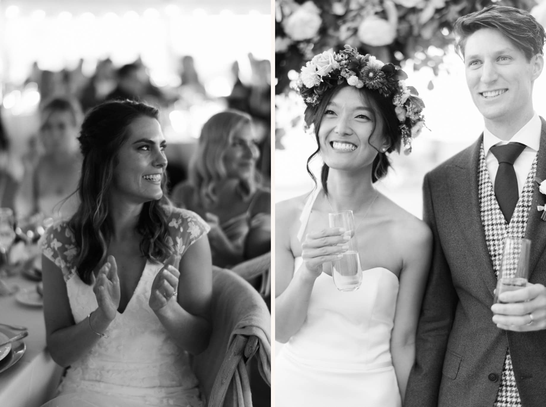 bride and groom listening to wedding toasts