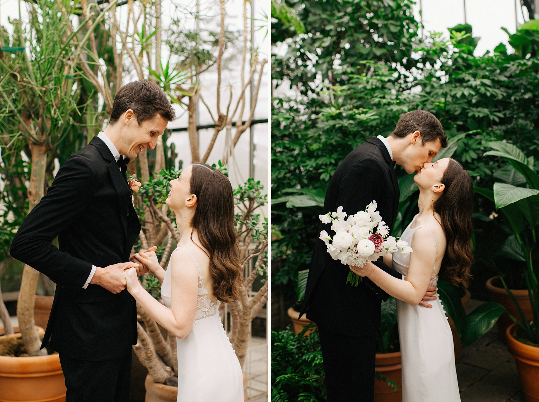 bride and groom share first look amongst the greenery at Planterra 1
