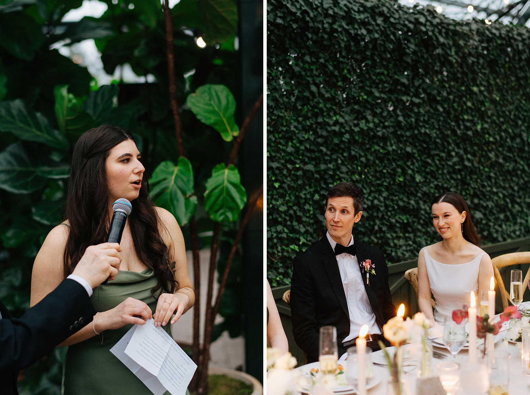 maid of honor giving a speech while the bride and groom look on 1