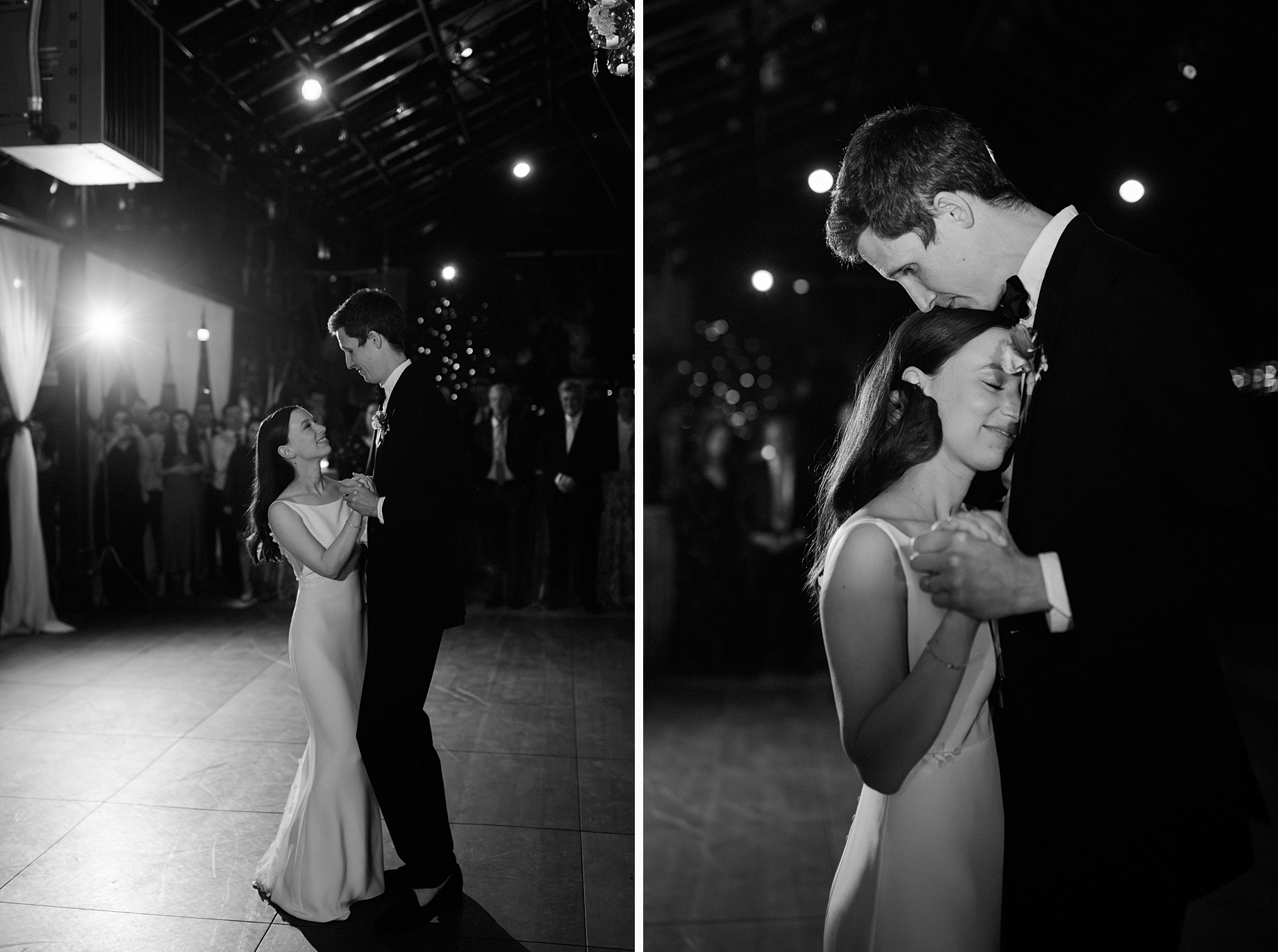 black and white candid photography of the bride and grooms first dance 1