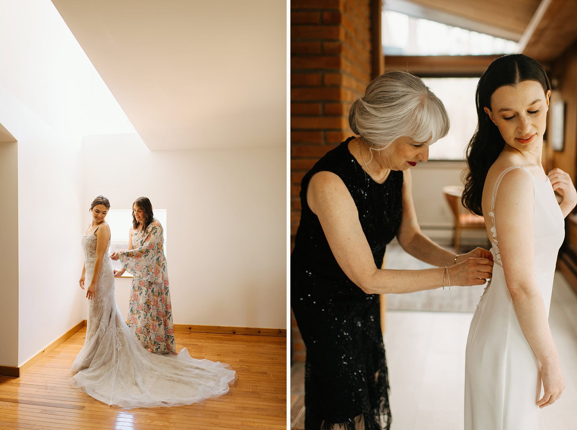 mother helping her daughter into her wedding dress